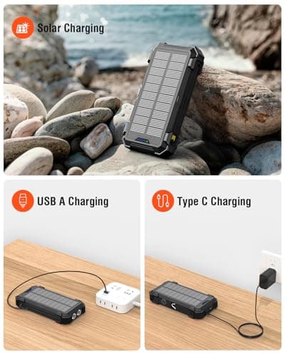 Sudrov Solar Charger Power Bank, 42800mAh Wireless Portable Charger with USB-C in/Output, QC3.0 Fast Charging 15W 4 Ports Outdoor Battery Pack Built-in Dual Led Flashlights for iPhone Samsung etc 5