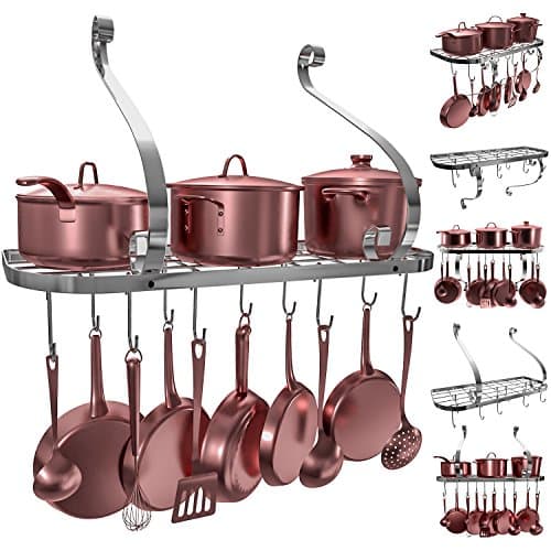 Vdomus Hanging Pot Rack Organizer, Wall Mounted Kitchen Pan Organizer Pots and Pan Storage with 10 hooks, Kitchen cookware Storage Organizer, 24 by 10-inch (sliver)