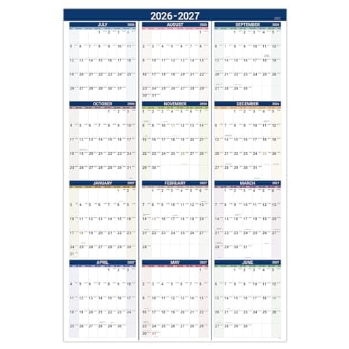 2026-2027 Yearly Wall Calendar - Calendar 2026-2027, JUL 2026 - JUN 2027, Yearly Calendar/Planner, 34.3" x 22.8"(Open), Large Wall Calendar 26-27 with Premium Paper, Double-Sided Small Round Sticks, Azure