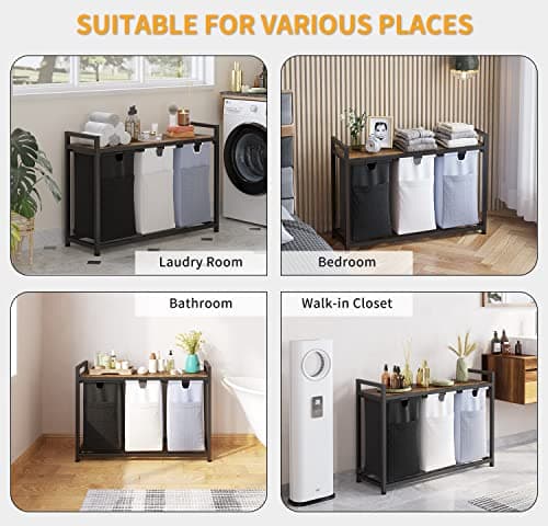 LIVEHOM Laundry Basket Three Laundry Hamper with Removable Bags, Fabric Handles, Large Top Shelf and Laundry Bag for Bathroom, Dorm, Laundry Room 5