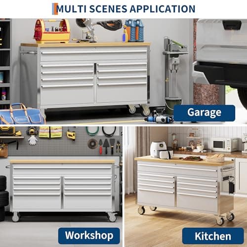 IDEALHOUSE 61 inch Rolling Tool Chest, Garage Workbench with 9 Drawers, Solid Rubber Wood Top & with Wheels Lock Key Locking, Mobile Workstation Tool Cabinet for Workshop Storage 7