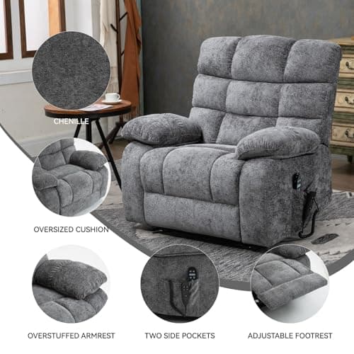 Sicilyforny Recliner Series: Big & Tall Power Lift Recliner, 40.55" W Seat, Dual Motor Heat Massage Electric Chair, 350lb Capacity (Chenille, Grey) 8