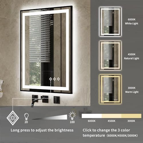 VanPokins LED Bathroom Mirror, 24x34 Inch Gradient Front and Backlit Led Mirror for Bathroom, 3 Colors Dimmable CRI>90 Double Lights, IP54 Enhanced Anti-Fog, Hanging Plates Wall Mount Lighted Mirror 5