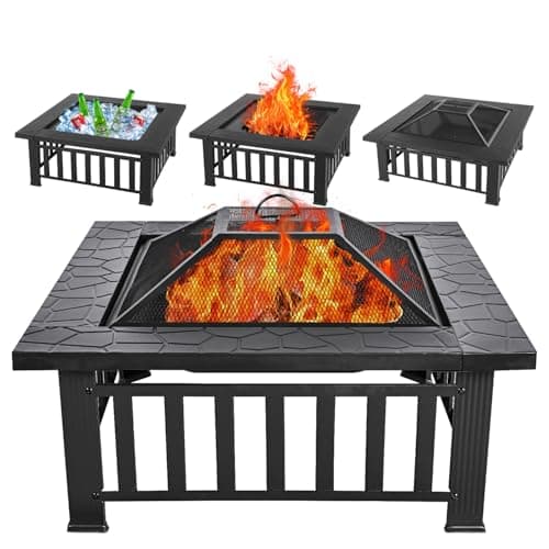 Panovue Multifunctional Fire Pit Table 32 inch Square Metal Firepit Stove Backyard Patio Garden Fireplace for Camping, Outdoor Heating, Bonfire and Picnic