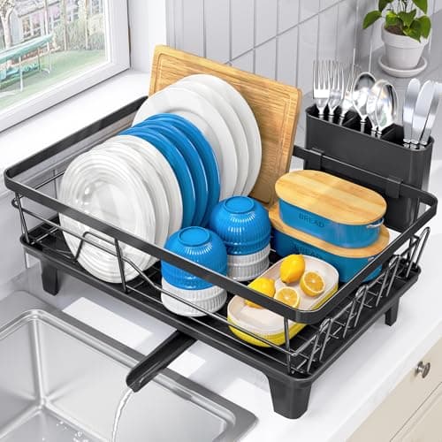 Urackify Compact Dish Drainer for Kitchen Counter - Expandable Large Capacity Drying Rack with Removable Cutlery Holder, Anti-Rust Plate Rack, Non-Slip Feet, Small Sink Drainer for Apartments, Black
