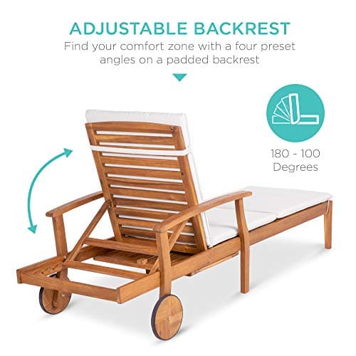 Best Choice Products 79x26in Acacia Wood Chaise Lounge Chair Recliner, Outdoor Furniture for Patio, Poolside w/Slide-Out Side Table, Foam-Padded Cushion, Adjustable Backrest, Wheels - Cream 6