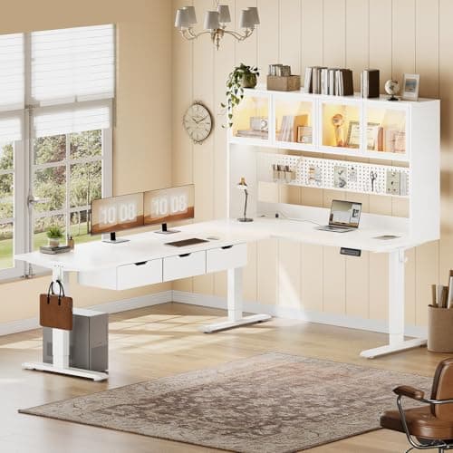 SEDETA 68.9" Standing L Shaped Gaming Desk, Office Computer Desk with Storage Hutch and Drawers, Stand Up Corner Desk with Pegboard & Led Lights for Home Office, White
