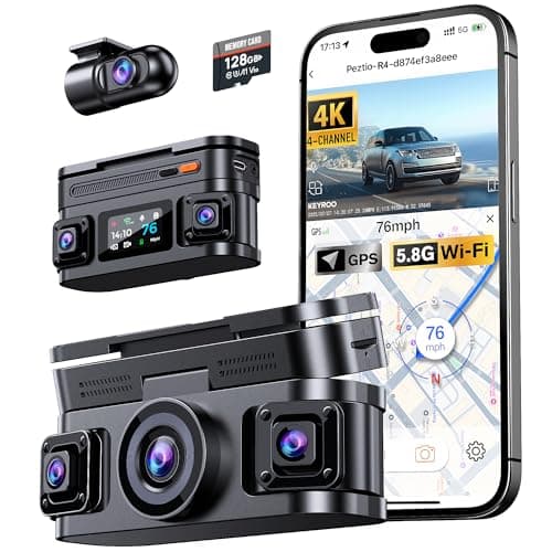 KEYROO 360° View 4K 4 Channel Dash Cam Front and Rear Inside Left Right, Built-in GPS, 5.8GHz WiFi, Car Dash Camera for Cars with App Connect, Support Parking Mode, G-Sensor, Free 128GB Card