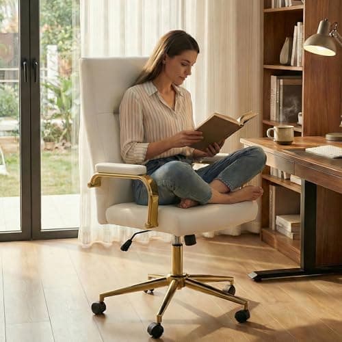 Genpo White and Gold Office Desk Chair Memory Foam, High Back Leather Executive Office Chair with Wheels and Arms for Women Girls Teens Adults 9