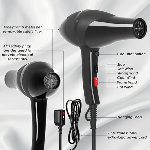 Conhaze Hair Dryer, Professional Ionic Blow Dryer with Diffuser for Curly Hair,2400W Powerful Fast Drying Hairdryer Blowdryer for Women Men Home Salon Hair Styling,Constant Temp Low Noise 5