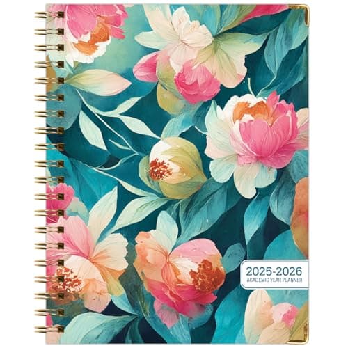 HARDCOVER Academic Year 2025-2026 Planner: (June 2025 Through July 2026) 8.5"x11" Daily Weekly Monthly Planner Yearly Agenda. Bookmark, Pocket Folder and Sticky Note Set (Teal Floral) 8