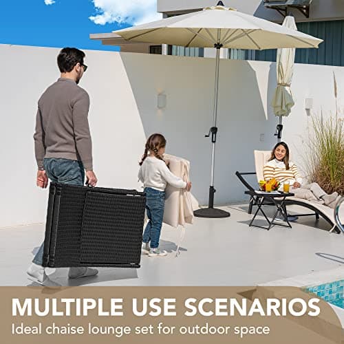 Devoko Patio Chaise Lounge Sets Outdoor Rattan Adjustable Back 3 Pieces Cushioned Patio Folding Chaise Lounge with Folding Table (Beige) 7