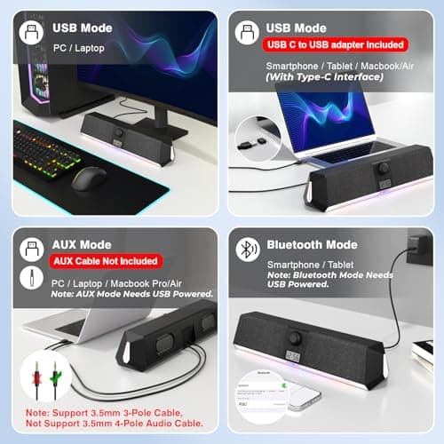 SOULION R80 Bluetooth Computer Speakers, USB Speakers with Digital Clock Display for Desktop Monitor, PC Speakers for Laptop Surround Sound Soundbar with LED Dynamic Light(USB Adapter Included) 5