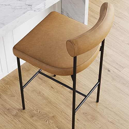 Nathan James Dahlia Counter Height Chair, Modern Barstool with Back, Mid-Century Metal Legs and Leather Padded Cushion for Kitchen, Island and Bars, Brown/Black 6