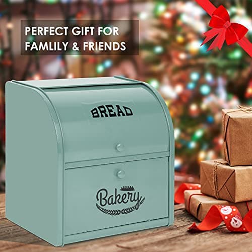 Pitmoly Stainless Steel Bread Box, 2 Layer Roll Top Bread Boxes, Large Capacity Food Storage Container for Kitchen Counter, Metal Bread Bin, Bread Holder for Countertop 11.8" x 9.6" x 12.8" (Green) 6