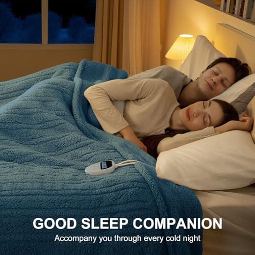 LUZARTA King Size Electric Blanket Single Control - 100"X90" Soft Double Sided Sherpa Heated Blanket with 6 Heating Levels & 10 hrs Timer Settings, Washable & Overheat Protection, Blue 6