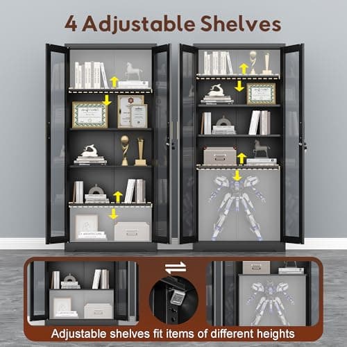 UNICOLY Lockable Display Cabinet with Glass Doors, Curio Cabinets with 4 Adjustable Shelves, Liquor Bookcase Bookshelf with Doors, Metal Storage Cabinet for Living Room Pantry, Black 7