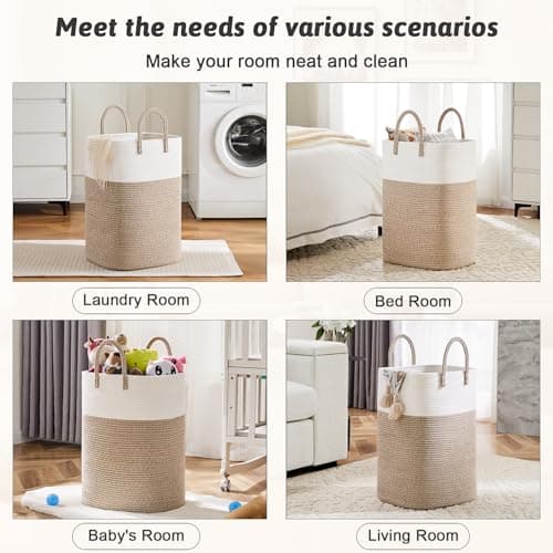 Laundry Basket,Woven Cotton Rope Laundry Hamper,Versatile Storage for Dirty Clothes,Baby Toys,and Blankets in Bathroom, Nursery,and Living Room (Brown, 60L) 5