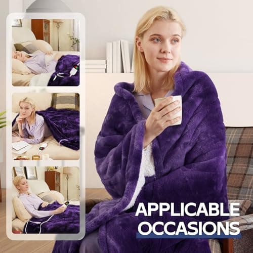 MAXEVE Electric Heated Throw Rabbit Faux Fur Blanket with 8 Heating Levels & 8H Auto Off, Fast Heating Warm Cozy Sherpa Washable Electric Blanket with Over-Heat Protection, ETL Certification, Purple 6