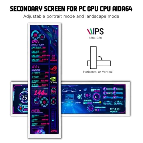 LESOWN 8.8 inch Stretched Bar LCD Temp CPU GPU Data Monitor 1920x480 IPS Wide Screen Portable Screen for PC Laptop Aida 64 Windows Secondary Display - White 4