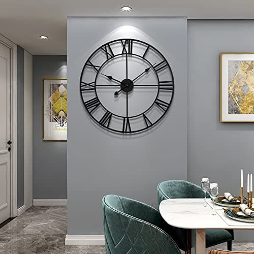 LEIKE Large Wall Clock, 24" Completely Silent, Non Ticking, Battery-Operated,Rustic Round Modern Metal Wall Clock Decor for Living Room, Bedroom and Kitchen, (60cm, Black-Roman Number) 7