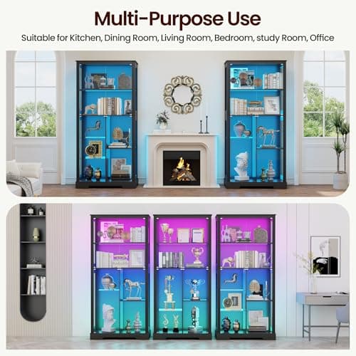 71” Glass Display Cabinet with RGB Light - Curio Cabinet with Glass Doors for Collectibles, 7-Tiers Tall Display Case with Human Sensor, Showcase with Removable Shelves for Figures, Lego (Black) 8