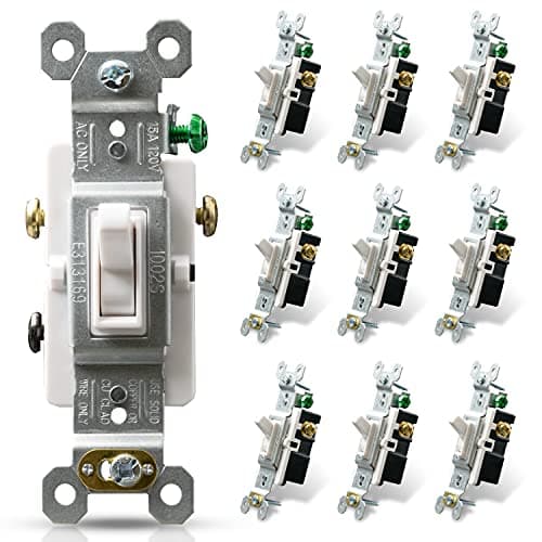 ELEGRP 3 Way Toggle Light Switch, 15 Amp, 120 V, Toggle Framed AC Quiet, in Wall On/Off Switch Replacement, Self-Grounding, Residential and Commercial Grade, UL Listed (10 Pack, Glossy White)