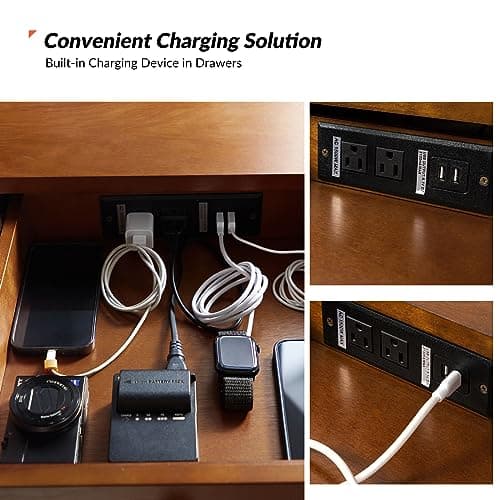 HULALA HOME Home Office Desk with 3 Drawers & Solid Wood Legs, Writing Table with Charging Station & Cable Management, Mid Century Modern Desk for Bedroom/Living Room/Study/Workstation, Walnut 6