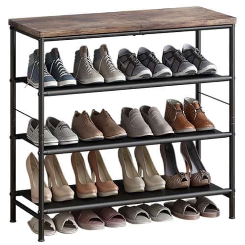 INGIORDAR Shoe Rack Organizer 4 Tier Metal Organizer Shelf with Industrial MDF Board and Layer Fabric for Entryway Closet Bedroom Living Room Garage,Black & Rustic Brown (Black+Rustic Brown, 4 Tier)