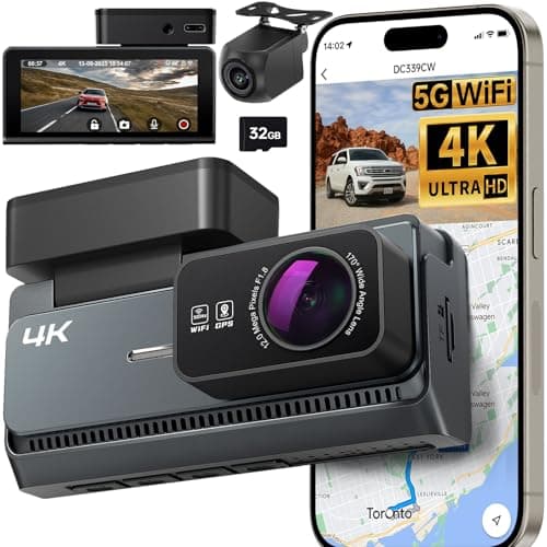 Yonvim Dash Cam Front and Rear，4K Dual Channel Dash Camera for Cars，3.39” IPS Screen，Built-in Wi-Fi GPS，G-Sensor，Included 32GB Card,Night Vision，170° Wide Angle，24H Parking Mode