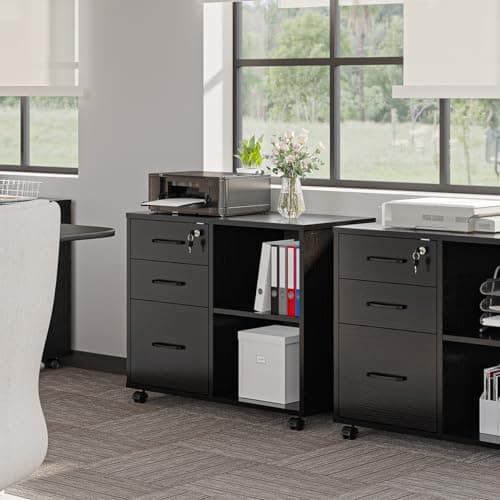 Panana 3 Drawer Office File Cabinets, Mobile Lateral Printer Stand with Open Storage Shelf, Rolling Filing Cabinet with Wheels Home Office Organization and Storage (Black) 9