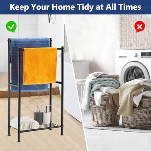 Free Standing Towel Rack, 2 Tier Towel Racks for Bathroom with Storage Shelves, Outdoor Standing Towel Drying Rack for Poolside, Black, DECLUTTR 7