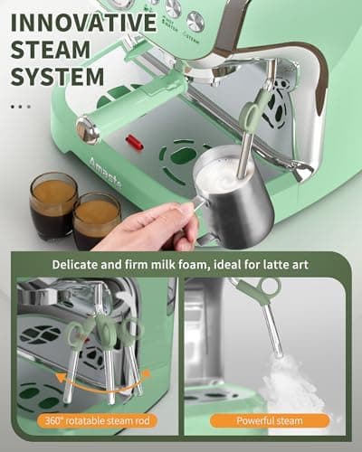 Amaste Espresso Machine with Grinder, 15 Bar Espresso Machine with Steam Wand for Latte and Cappuccino, 68Oz Water Tank, Pre-Infuse Brewing, Espresso Coffee Maker for Home Use, Barista Kit, Green 5