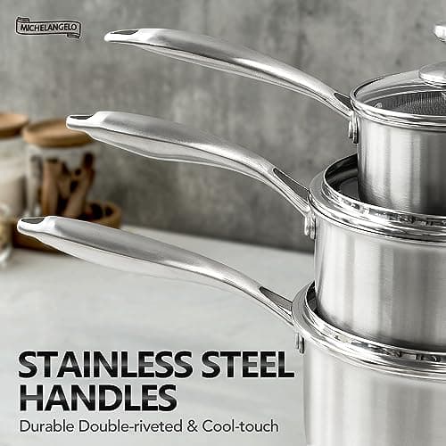 MICHELANGELO Stainless Steel Saucepan Set 1QT & 2QT & 3QT, Premium Triple Ply Sauce Pan with Lid, Sauce Pot with Honeycomb Interior - 6pcs 5