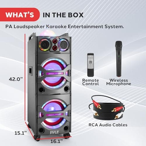 Pyle Portable Bluetooth PA Speaker System - 2000W Active powered Outdoor Bluetooth Speaker Portable PA System w/ Microphone In, Party Lights, USB SD Card Reader, AUX/RCA/FM Radio, Wheels - PSUFM1043BT 7