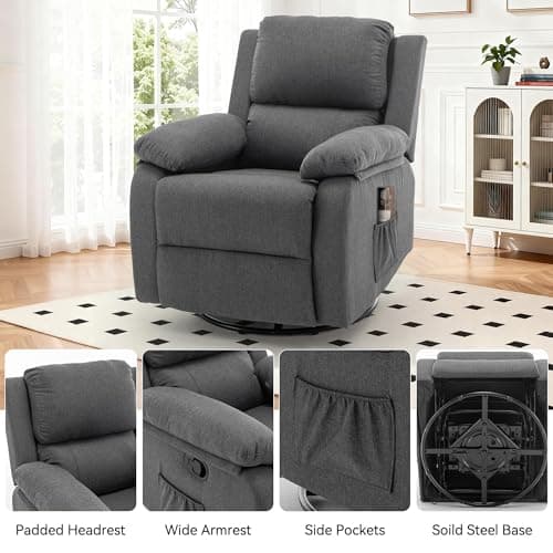 Korser Recliner Chair, 360 Swivel Rocker Chair for Adults, Small Rocking Recliner for Small Spaces, Upholstered Fabric Glider Recliner Nursery (Swivel Rocker Recliner, Grey) 8