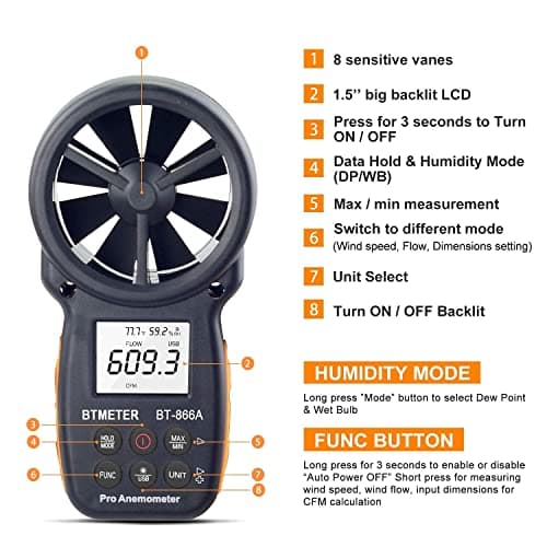 BTMETER BT-866A Pro Handheld HVAC Anemometer for CFM Air Flow, Wind Speed Meter Gauge Measures Wind Velocity Temp%RH Dew Point with USB Sync to PC 7