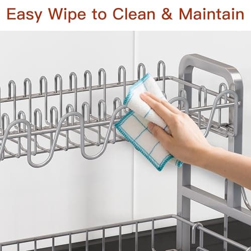 2 Tier Dish Drainers Drying Rack for Kitchen Counter Large Stainless Steel Dishes Drain with Drainboard, Space Saving, Big Modern Silver Countertop Metal Plates Dryer Strainer Holder and Extra Tray 8