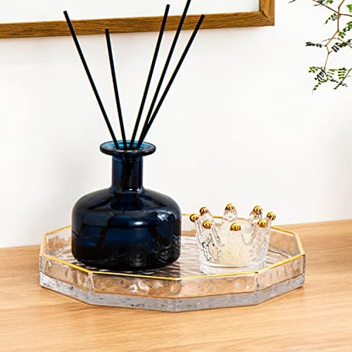 Halyuhn 10 Inch Decagon Glass Tray With Gold Rim - Clear Hammered Vanity Makeup Display With 2" Wall, Thick Decorative Dresser Bathroom Perfume Cosmetic Tray for Tabletop Countertop 6