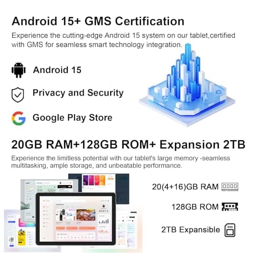 CUPEISI Android 15 Tablet 10 Inch, 20GB RAM+128GB ROM/2TB Expandable, 2.0GHz Quad-core Processor, 1280*800 HD Screen, 5G WiFi6 BT 5.0, 2 in 1 Tablets with Keyboard Case Mouse Stylus, Widevine L1 Black 5