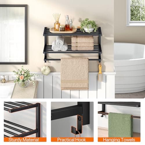 HOOBRO 23.8" Towel Rack for Bathroom, 3 Tier Towel Shelf with Tower Bars, Bathroom Storage Organizer for Towels and Toiletries, Towel Holder Wall Mounted with 2 Hooks, Black BK08LB01 9