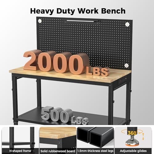 CAMMOO 48" Heavy Duty Work Bench Adjustable Height Max Load 2000 LBS with Storage Shelf for Garage Workbench, Rubberwood Tabletop with Pegboard, LED Light, Built-in Power Strip for Woodworking Shop 6