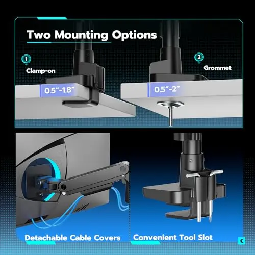 ARES WING Single Monitor Arm Desk Mount for 17-49 Inch Ultrawide Monitors, Heavy Duty Single Monitor Arm Holds 44 lbs, Full Motion Gas Spring Vertical Desk Mount, 75/100 VESA Mount, Black 6