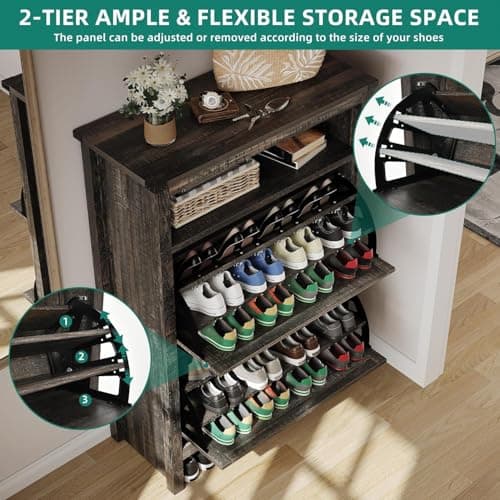 YITAHOME Shoe Cabinet, Entryway Shoe Storage Cabinets with Open Shelves and Led Light, Free Standing Hidden Shoe Rack Organizer with 2 Flip Drawers for Entryway/Hallway/Closet, Dark Rustic Oak 5