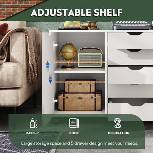 DEVAISE 5-Drawer Wood Drawer Cabinet, Office Storage Cabinet with Adjustable Shelf & Wheels, Printer Stand for Home Office, White 5