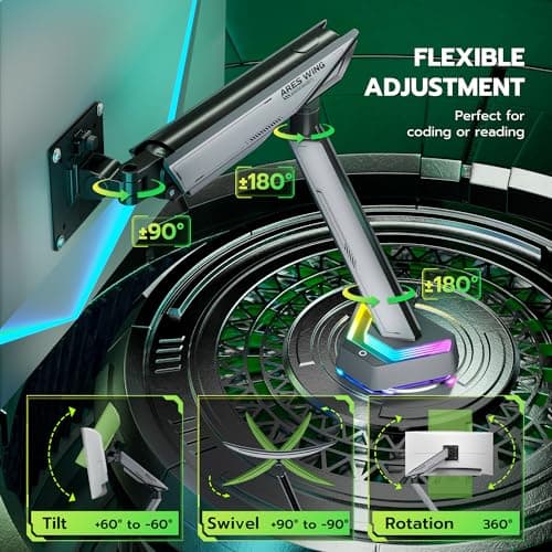 ARES WING RGB Single Monitor Arm Desk Mount for 17-45 inches Flat and Curved Monitors, Holds 35.2 lbs Heavy Duty, Adjustable Ultrawide Monitor Arm with Clamp & Grommet Base, 75/100 VESA Mount, Gray 5