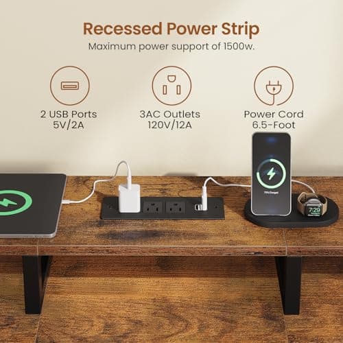 SEDETA 94.5" 2 Person Gaming Desk, Long Office Computer Desk with 8 Drawers & LED Lights, Two Person Desk with Storage, Power Strip & Monitor Stand for Home Office, Rustic Brown 7