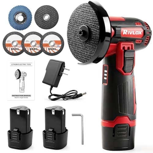 Rivlox Cordless Angle Grinder Kit, 3-inch Mini Angle Grinder Tool with 2Pcs 12V 1500mAh Batteries & Charger and 5Pcs Cutting Discs, Handheld Metal Grinders for Cutting Metal Wood