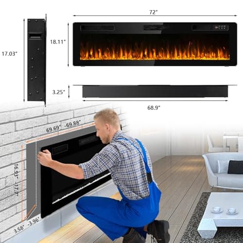 BOSSIN 72 inch Ultra-Thin Silence Linear Electric Fireplace, Recessed Wall Mounted Fireplace, Fit for 2 x 4 and 2 x 6 Stud, 12 Adjustable Flame Color & Speed,Touch Screen Remote Control with 8h Timer 6