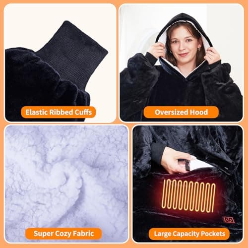 Askyli Wearable Heated Blanket Hoodie, USB Heated Oversized Hooded Blanket Adult 3 Heat Settings, Overheat Protection Cozy Warm Heated Hoodie Blanket Sweatshirt for Women with Sleeves & Giant Pocket 5